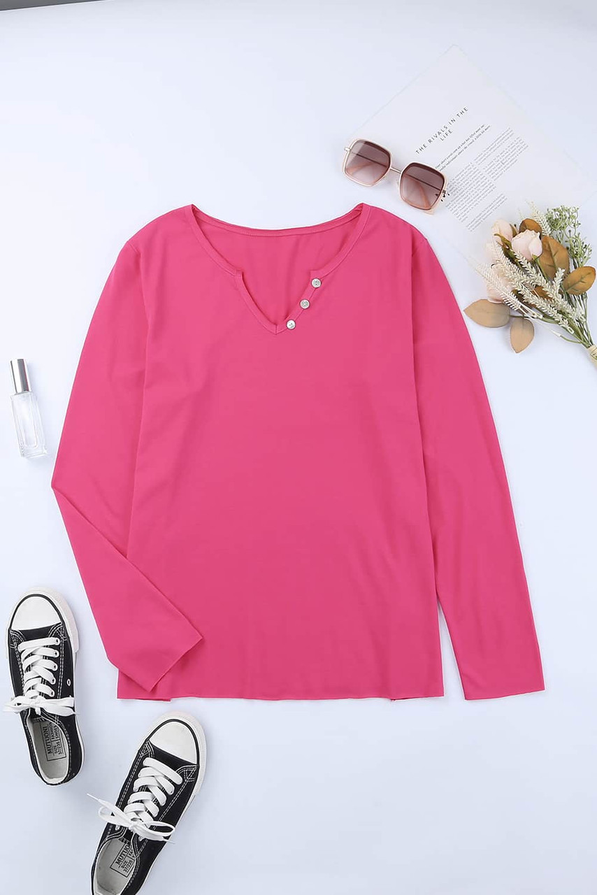 Pink V Neck Buttons Long Sleeve Top