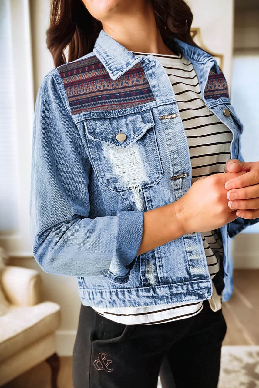 Sky Blue Distressed Tribal Patch Denim Jacket