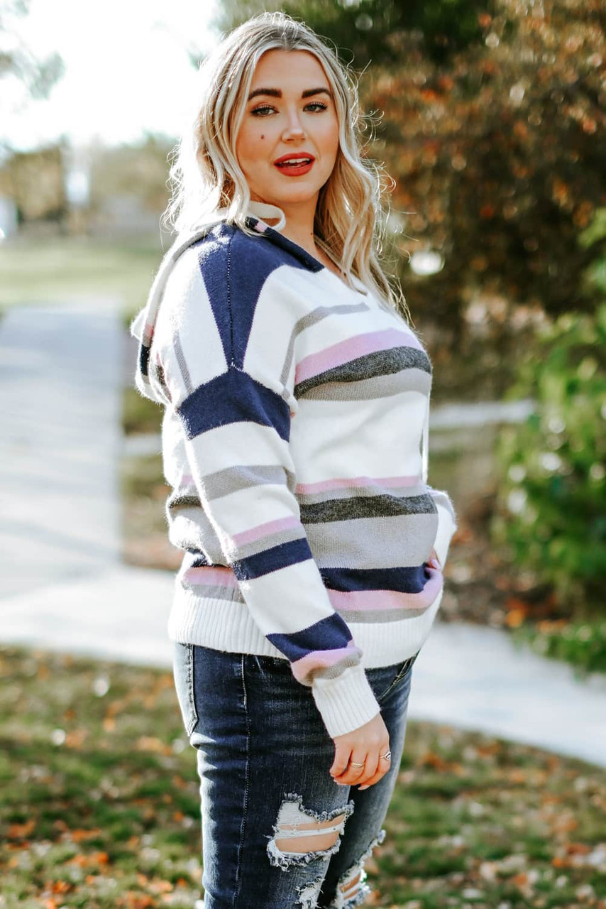 Plus Size Striped Hooded Knit Sweater