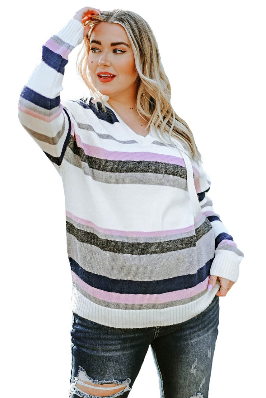 Plus Size Striped Hooded Knit Sweater