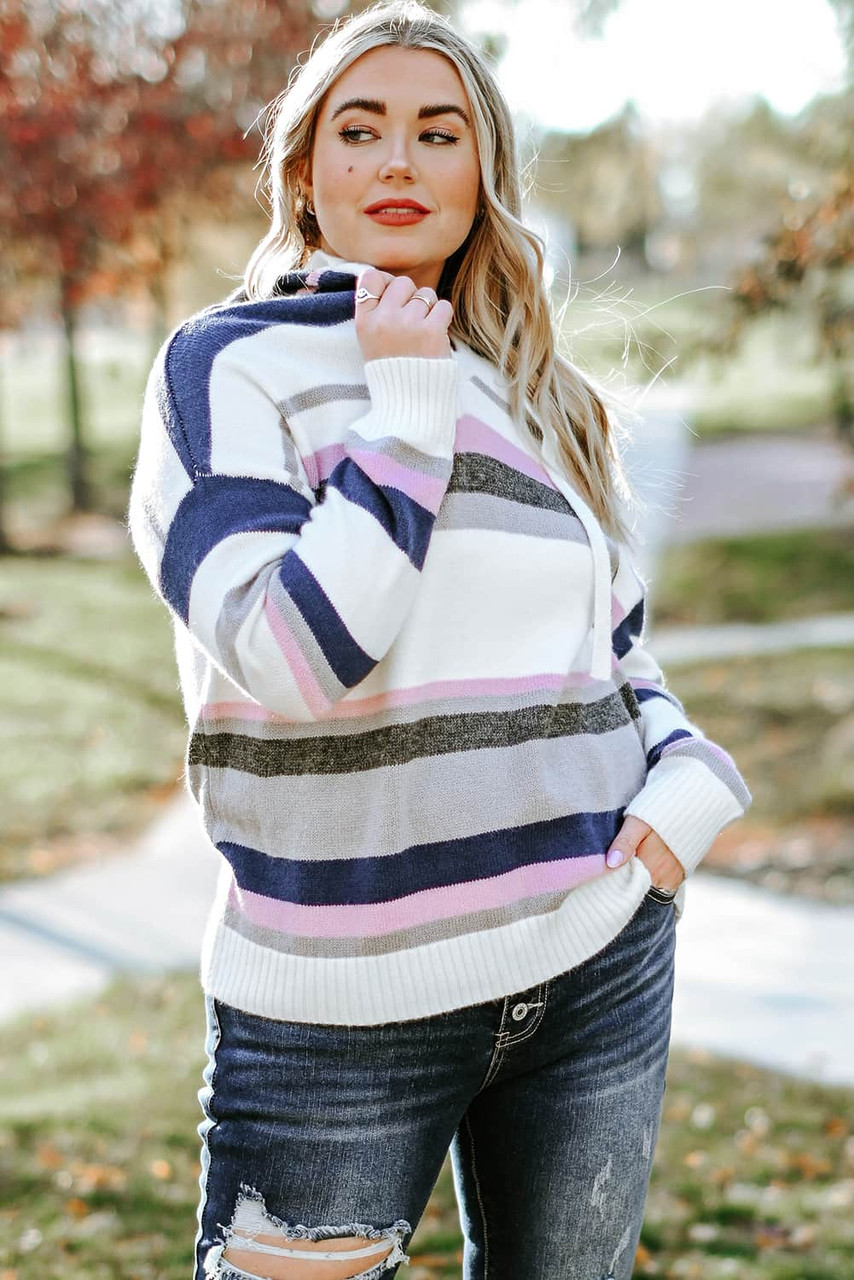 Plus Size Striped Hooded Knit Sweater