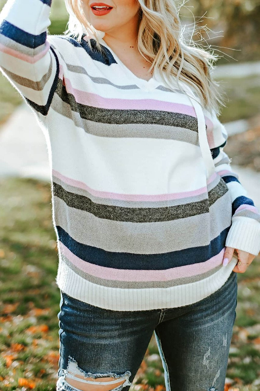 Plus Size Striped Hooded Knit Sweater Plus Size Striped Hooded Knit Sweater