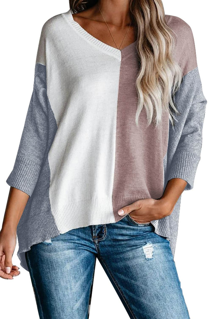 Apricot V-neck Color Block Loose Sweater