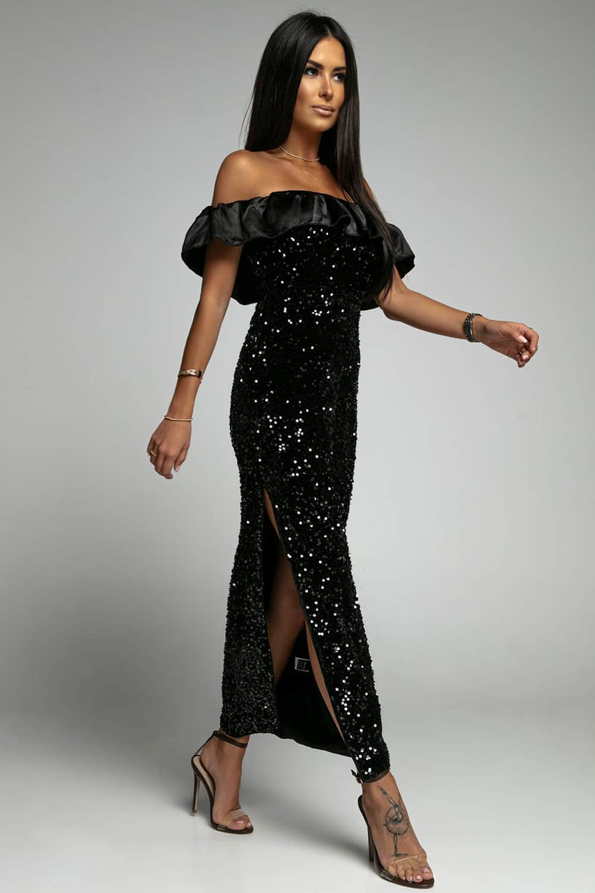 Black Sequins Off Shoulder Side Slit Evening Dress
