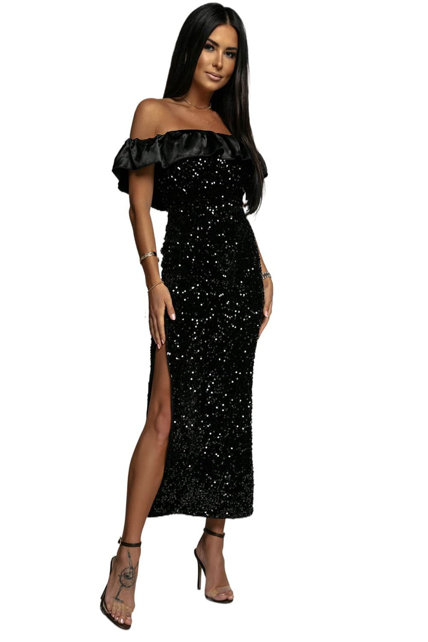 Black Sequins Off Shoulder Side Slit Evening Dress