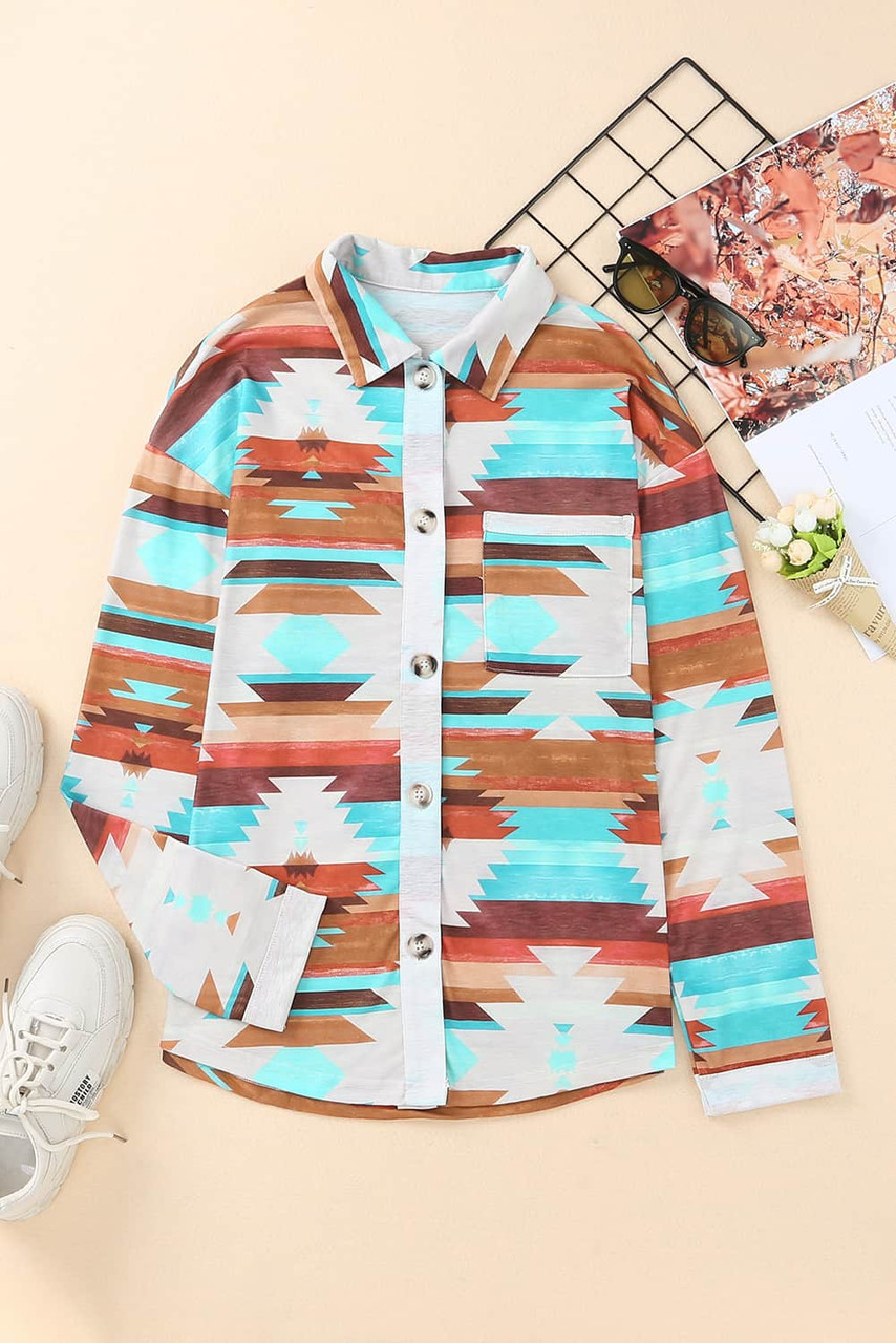 Multicolor Aztec Print Buttoned Pocket Chest Long Sleeve Shirt