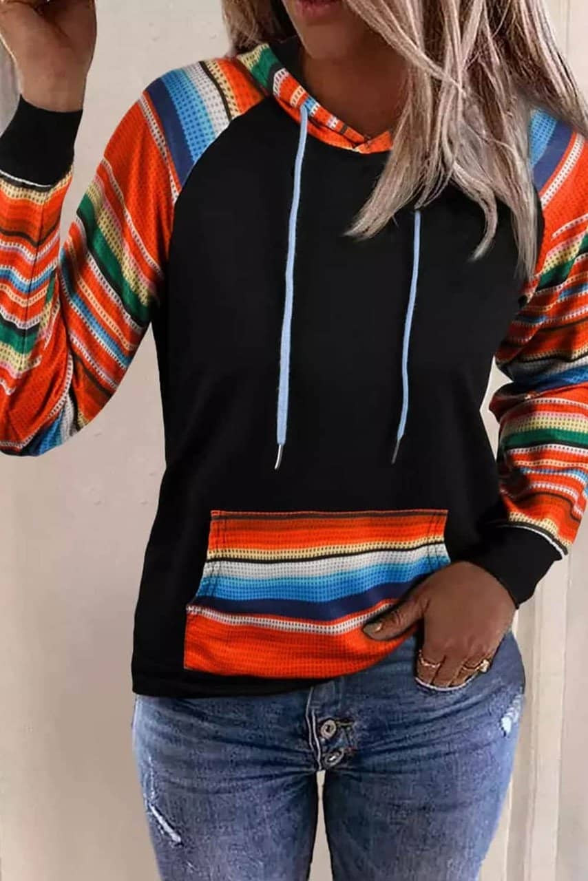 Multicolor Colorful Striped Patchwork Kangaroo Pocket Hoodie Multicolor Colorful Striped Patchwork Kangaroo Pocket Hoodie