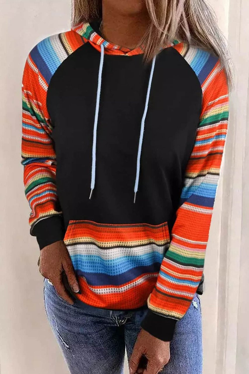 Multicolor Colorful Striped Patchwork Kangaroo Pocket Hoodie Multicolor Colorful Striped Patchwork Kangaroo Pocket Hoodie