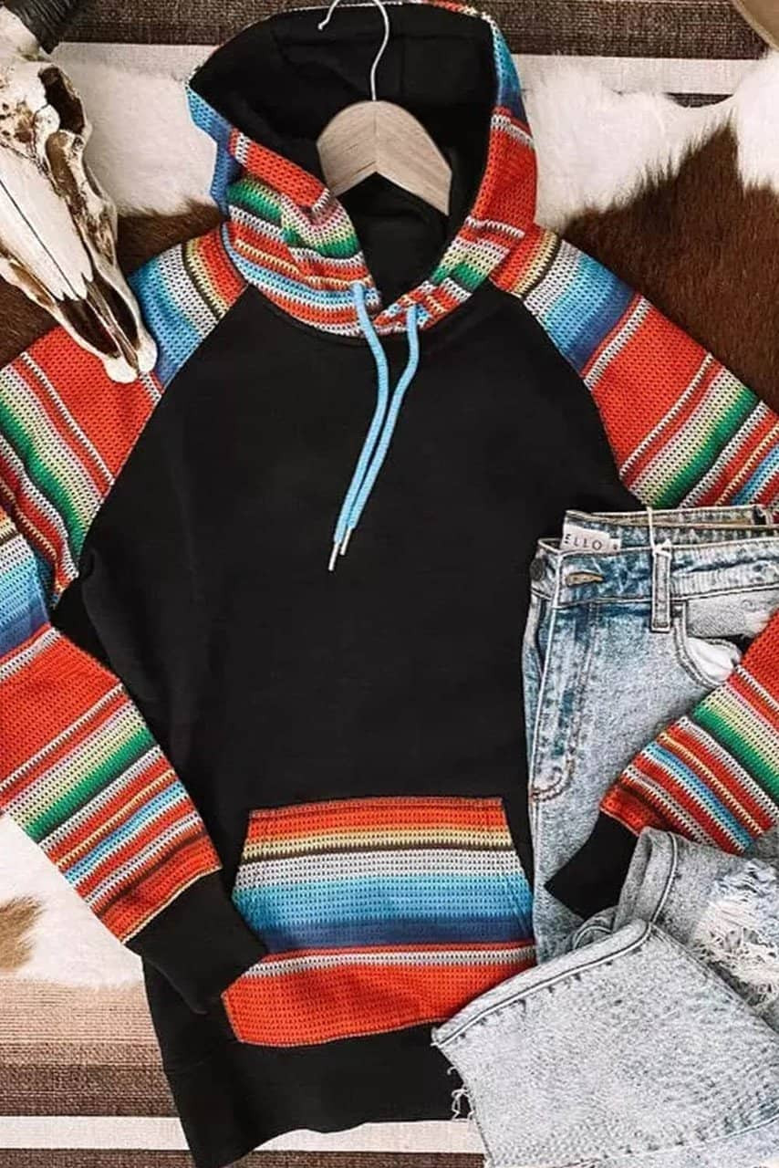 Multicolor Colorful Striped Patchwork Kangaroo Pocket Hoodie Multicolor Colorful Striped Patchwork Kangaroo Pocket Hoodie