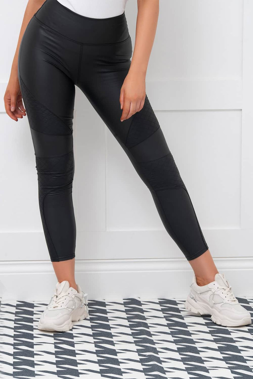 Black Splicing PU Biker Leggings