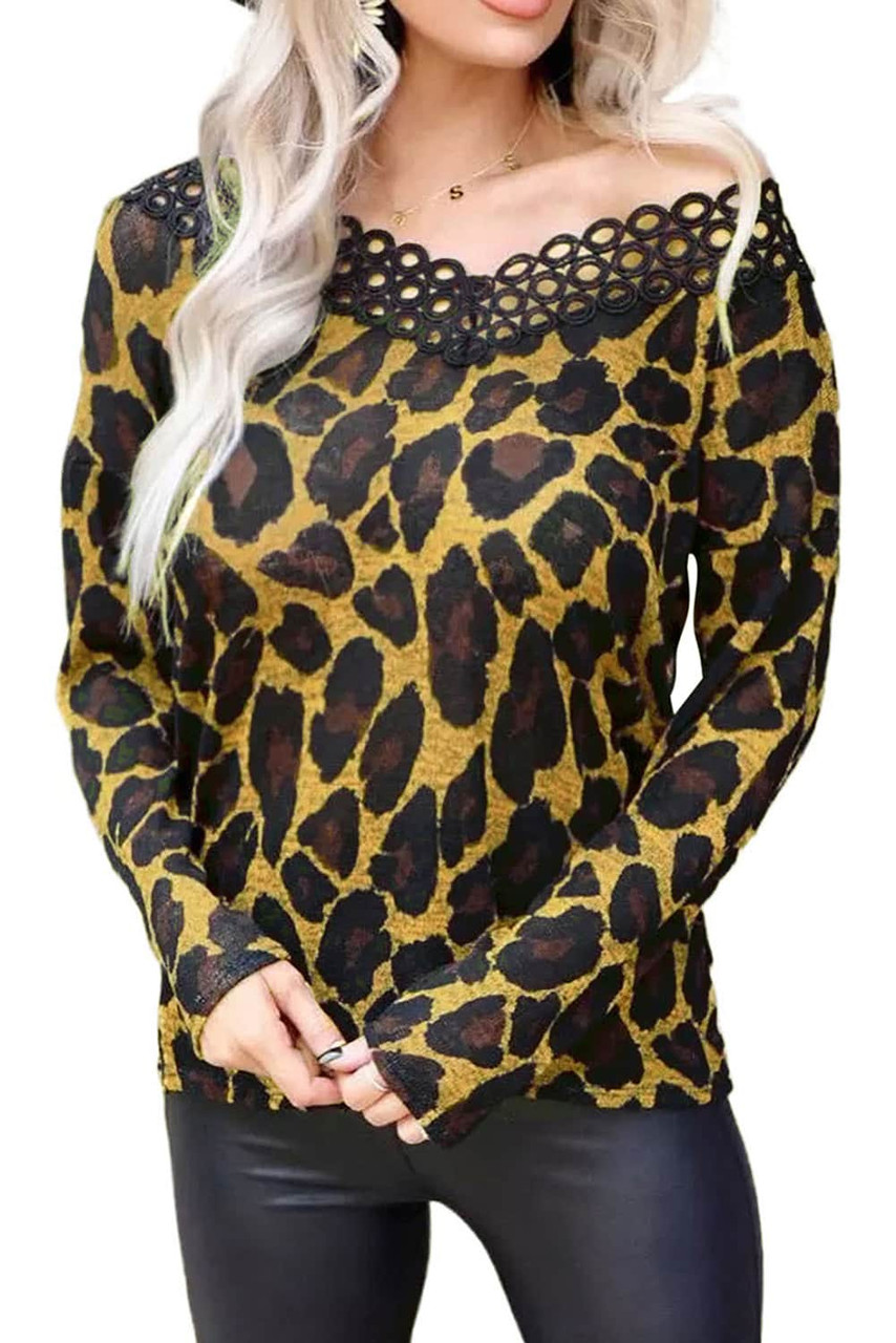 Brown Lace Splicing Hollow Out Leopard Blouse Brown Lace Splicing Hollow Out Leopard Blouse