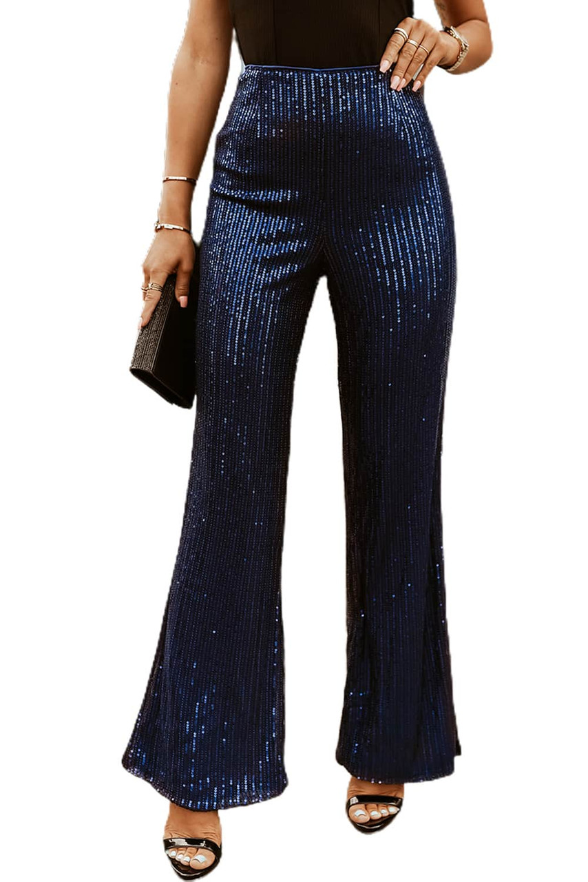 Blue High Waist Sequin Flare Pants