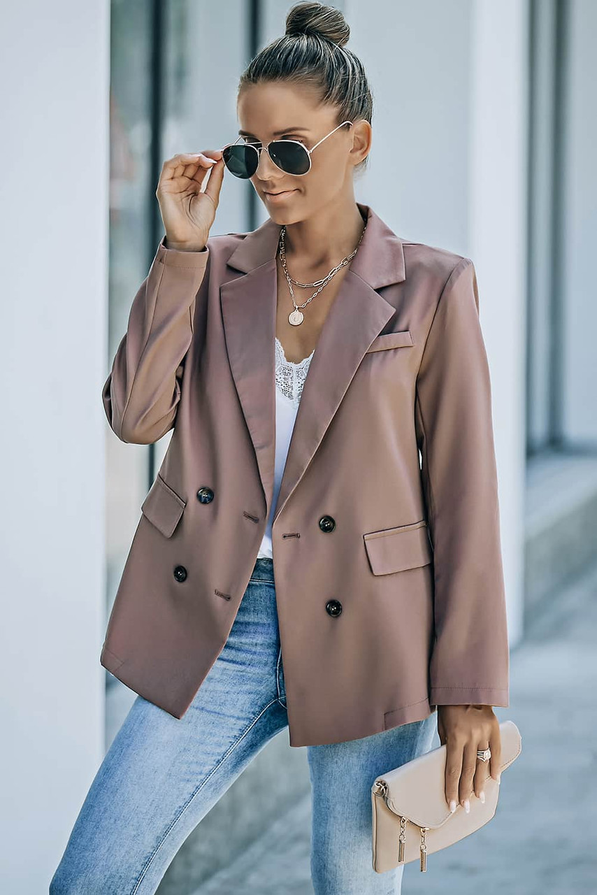 Brown Lapel Neckline Double Breasted Pocketed Blazer Brown Lapel Neckline Double Breasted Pocketed Blazer