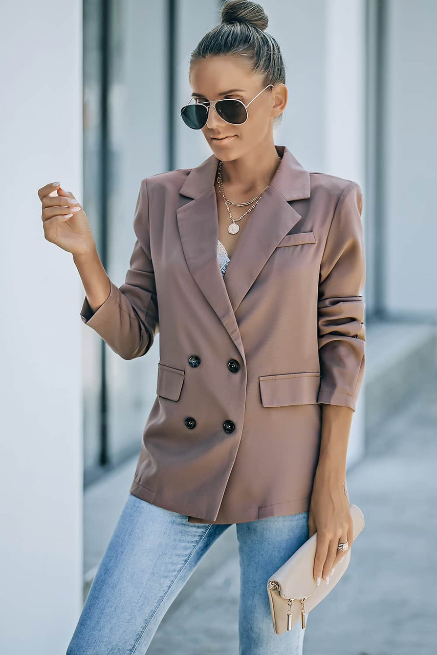 Brown Lapel Neckline Double Breasted Pocketed Blazer Brown Lapel Neckline Double Breasted Pocketed Blazer