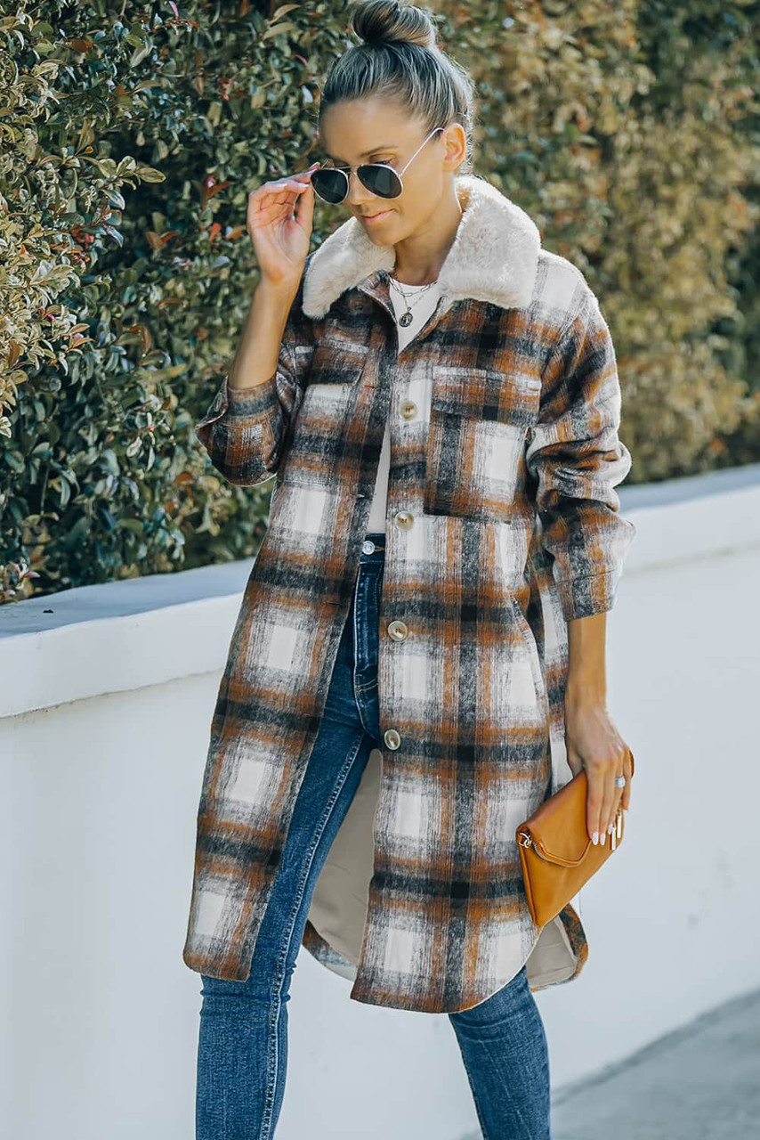 Brown Vintage Plaid Fur Collar Long Button Up Coat