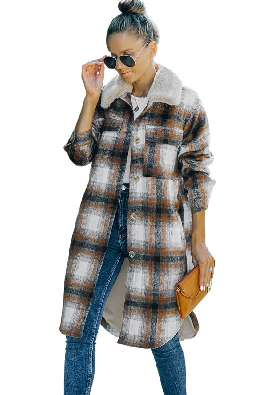 Brown Vintage Plaid Fur Collar Long Button Up Coat