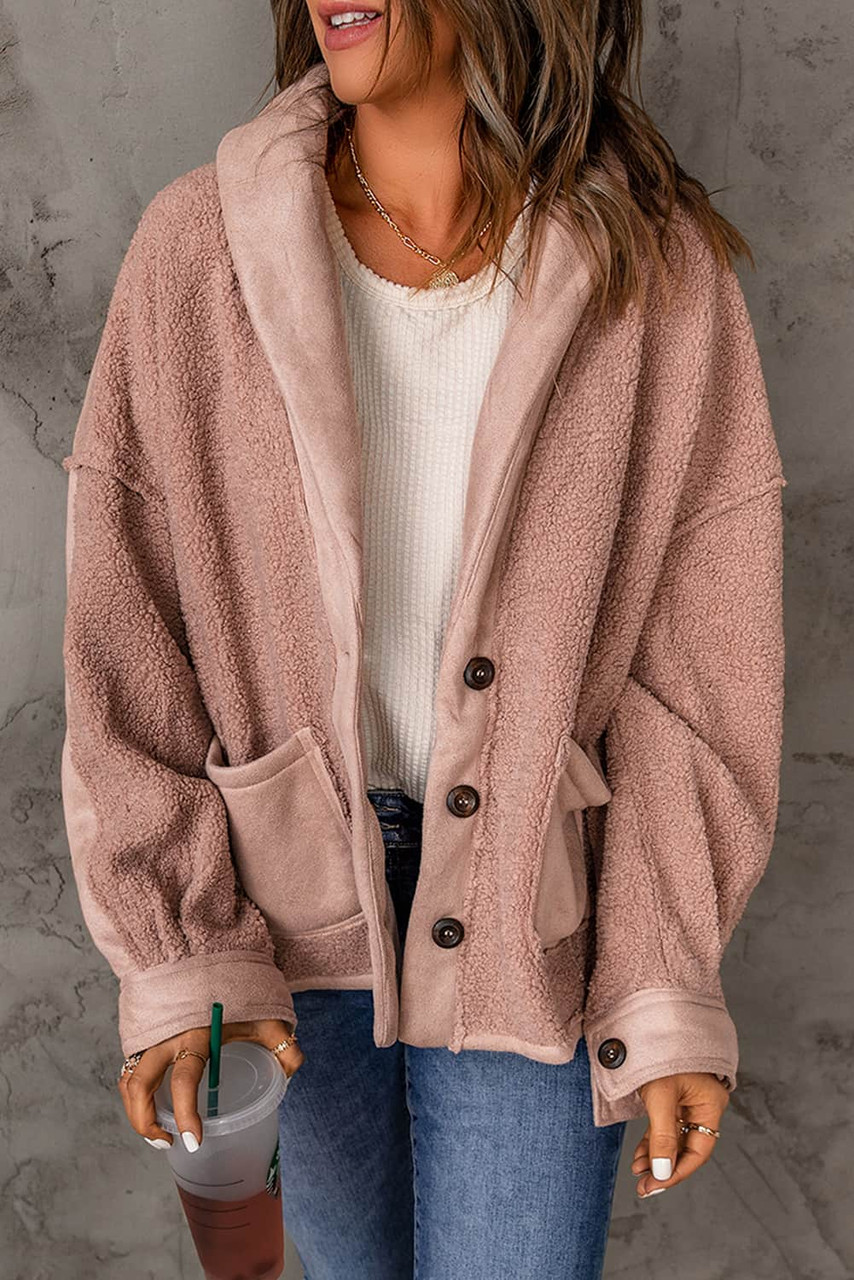 Pink Suede Sherpa Patchwork Buttoned Loose Jacket