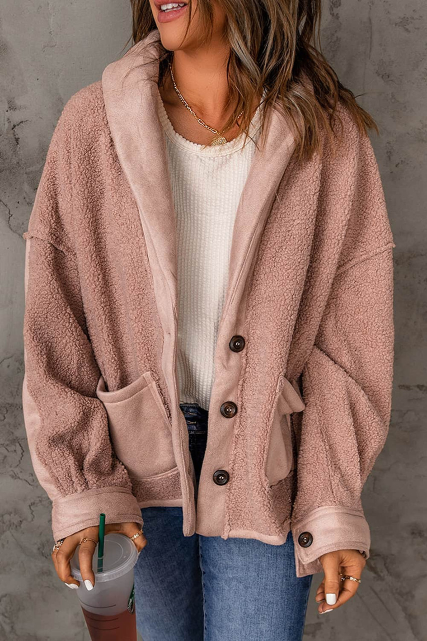 Pink Suede Sherpa Patchwork Buttoned Loose Jacket Pink Suede Sherpa Patchwork Buttoned Loose Jacket