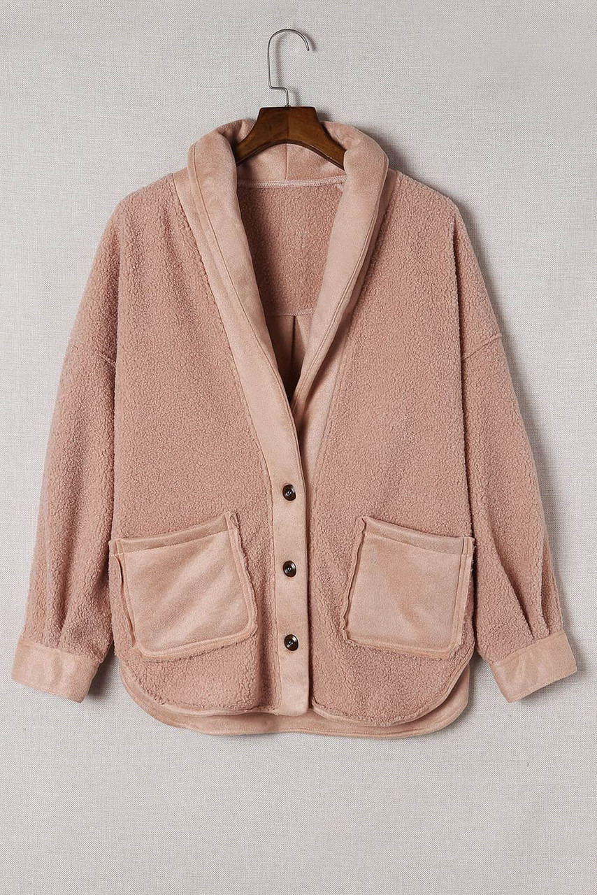 Pink Suede Sherpa Patchwork Buttoned Loose Jacket Pink Suede Sherpa Patchwork Buttoned Loose Jacket
