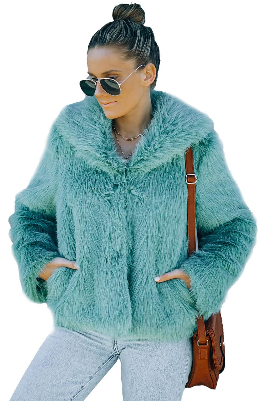 Green Collared Side Pockets Winter Fuzzy Coat