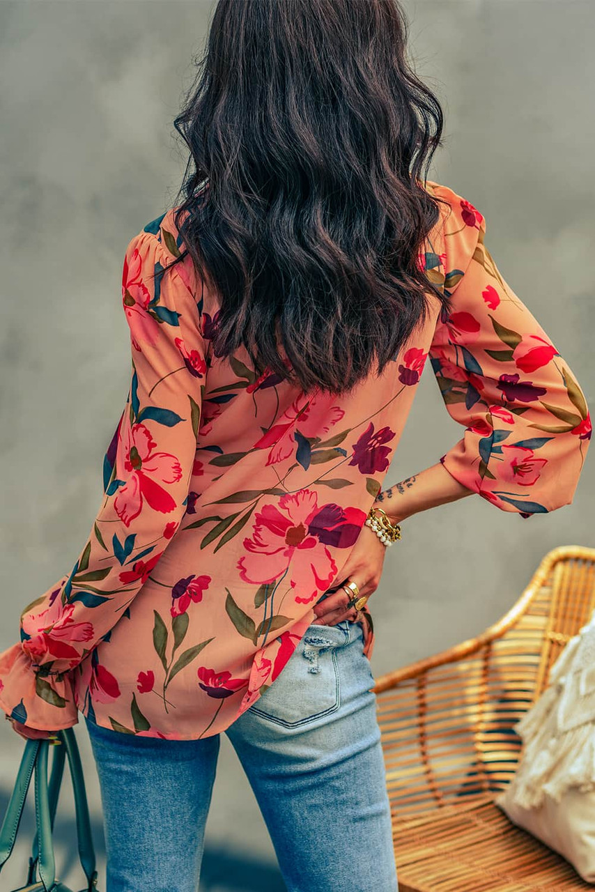 Red Floral Print Ruffled Long Sleeve Shirt