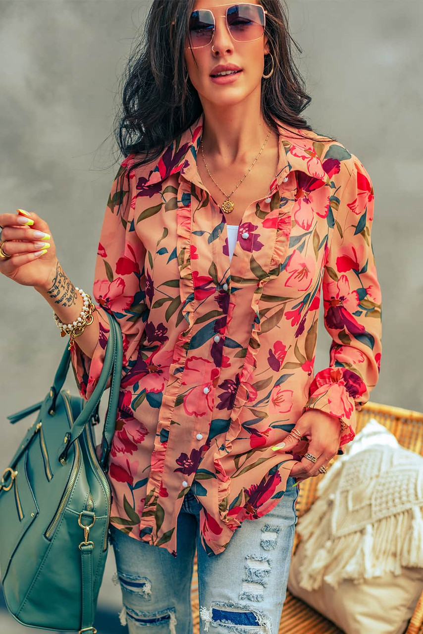 Red Floral Print Ruffled Long Sleeve Shirt