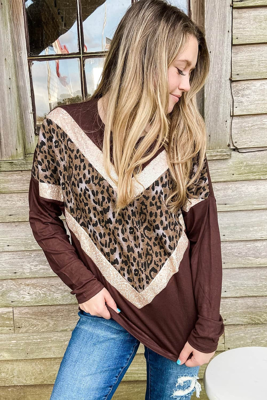 Brown Chevron Sequin Leopard Splicing Long Sleeve Top