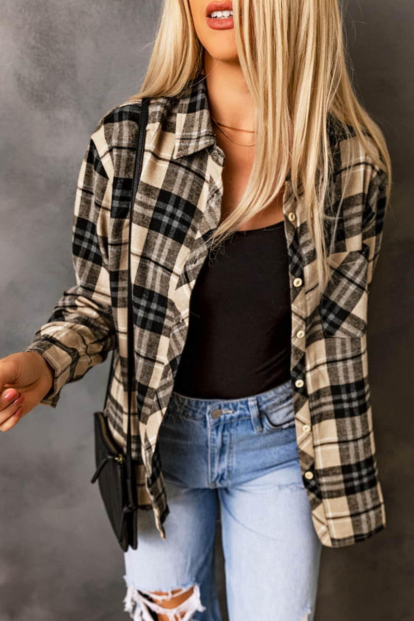 Khaki Plaid Pocket Buttoned Long Sleeve Shirt