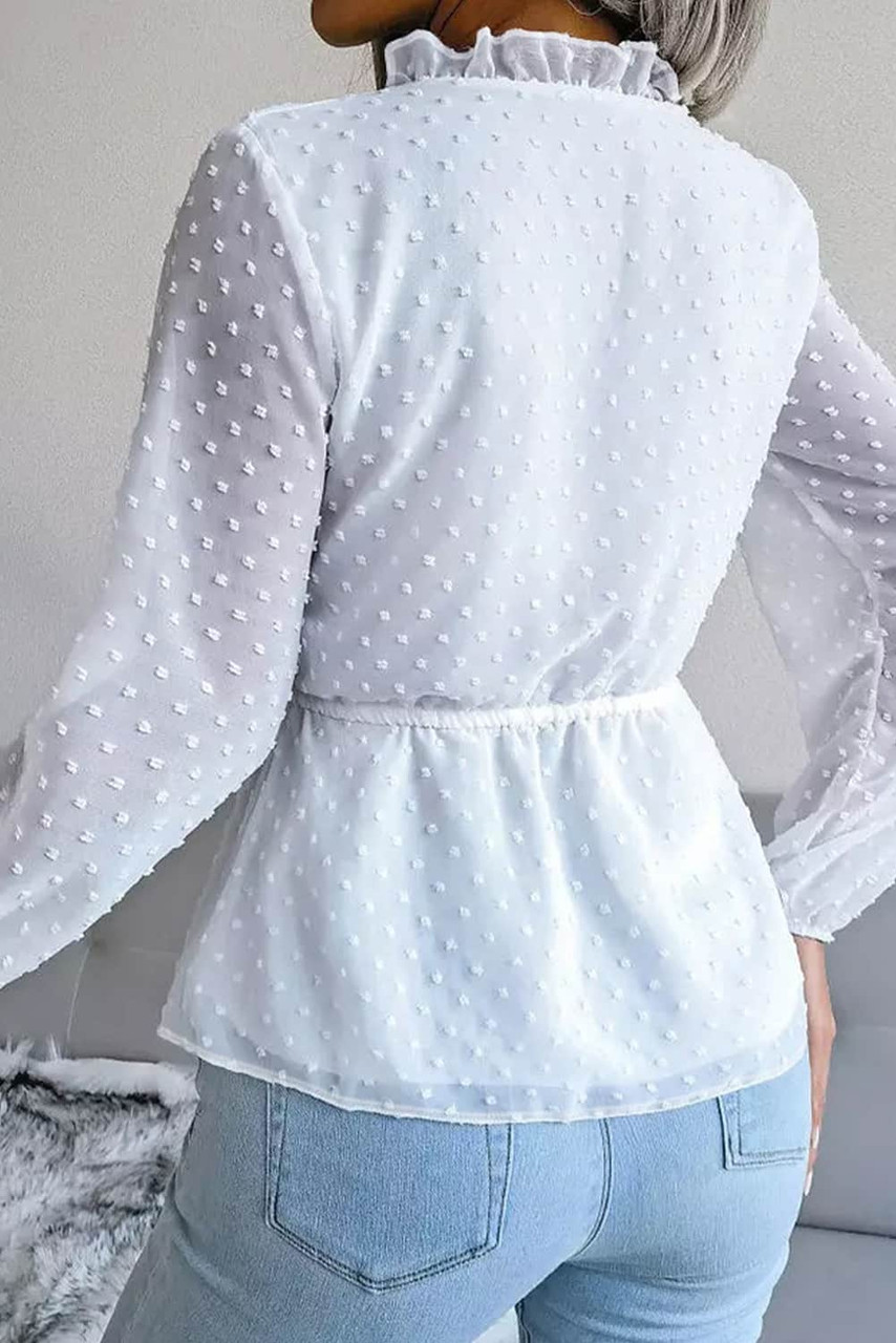 White Swiss Dot Buttoned Drawstring Peplum Blouse