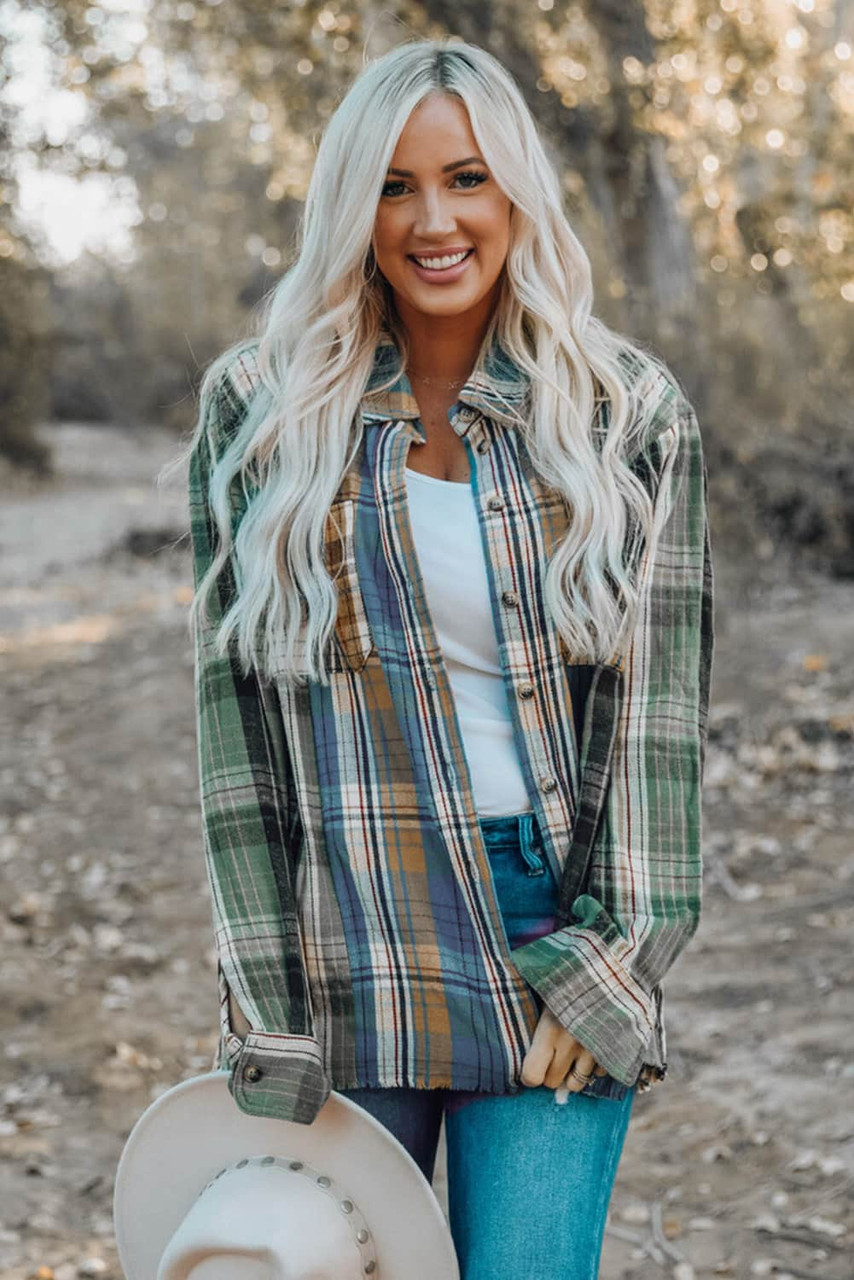 Green Chest Pockets Button Up Plaid Shacket