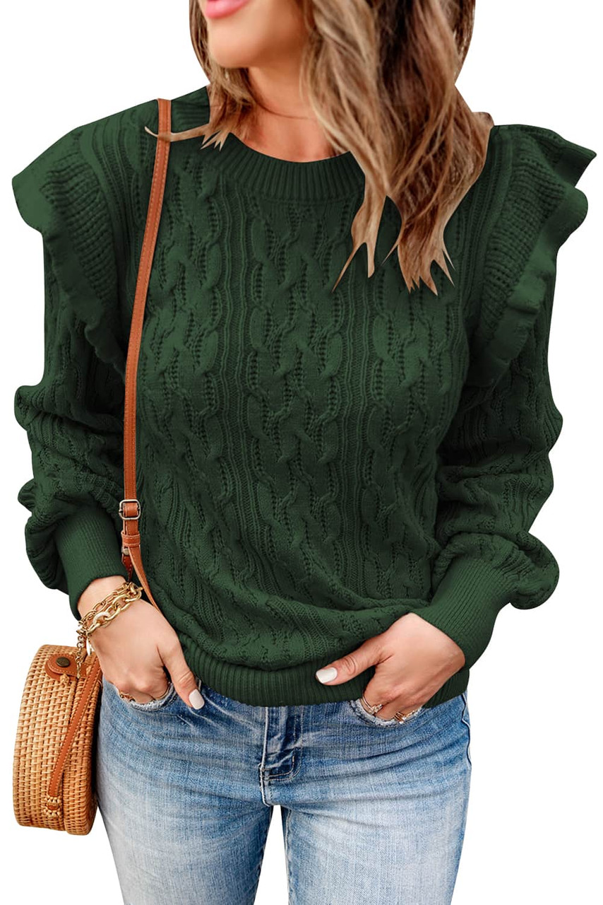 Green Frilled Shoulder Detail Cable Knit Sweater