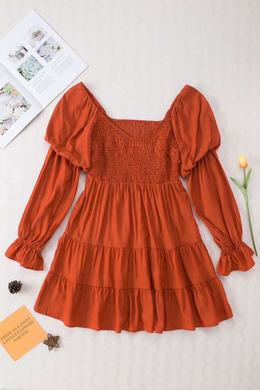Brown Boho Solid Shirred Ruffle Mini Dress