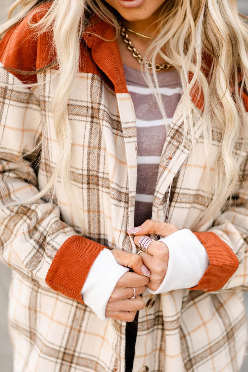 Orange Contrast Corduroy Plaid Shacket