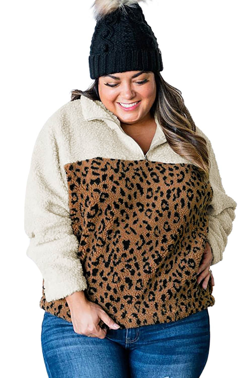 Plus Size Leopard Colorblock Zipped Sherpa Pullover