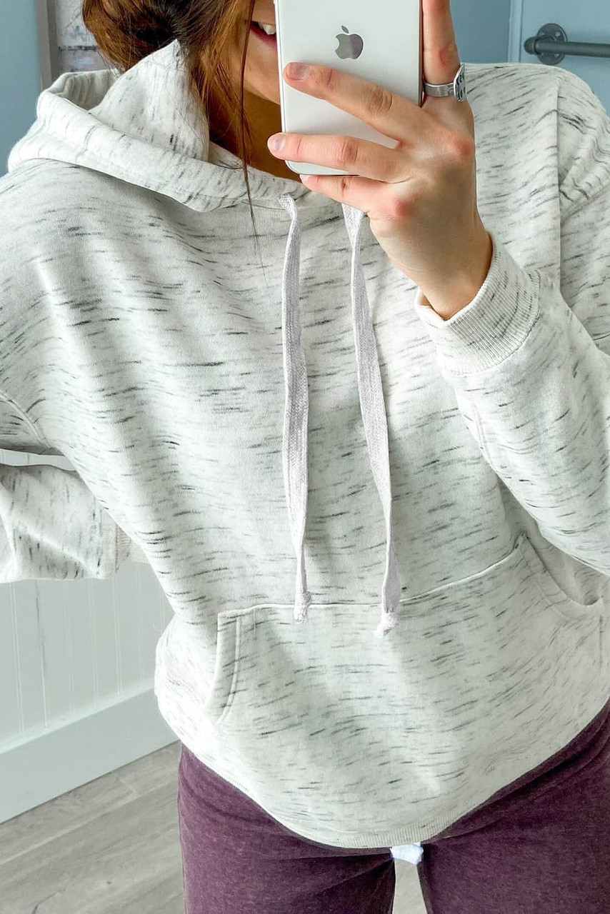 White Marbled Drawstring Cropped Hoodie