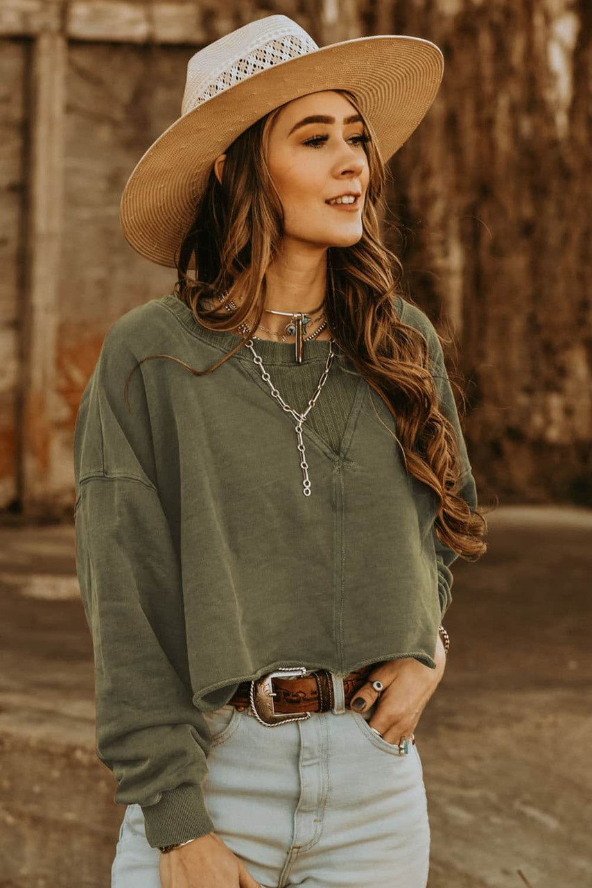 Green Drop Shoulder Cropped Sweatshirt