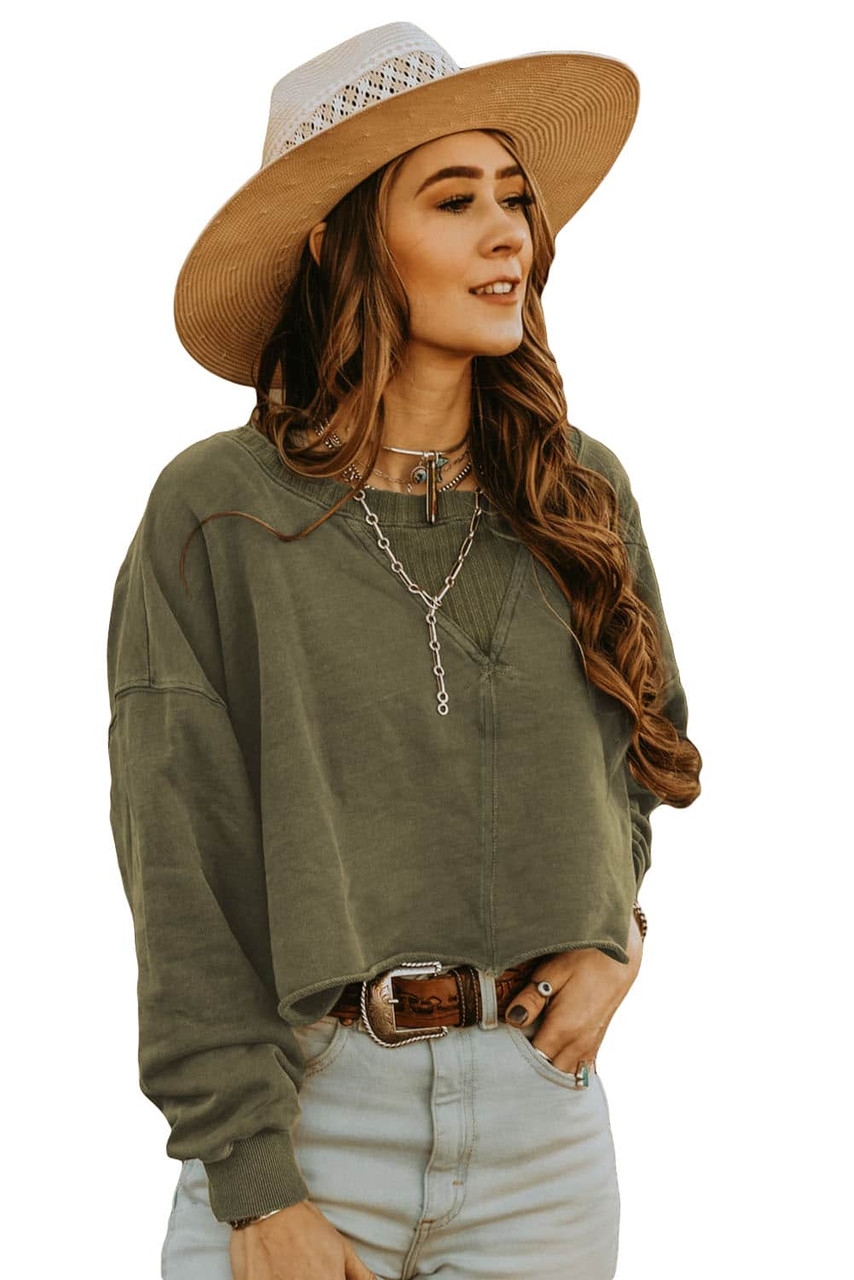 Green Drop Shoulder Cropped Sweatshirt