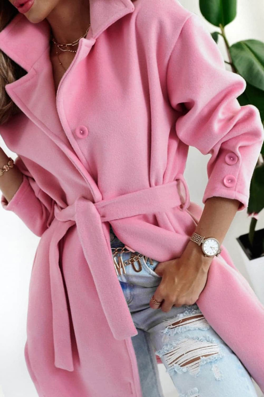 Pink Solid Color Buttoned Coat with Tie