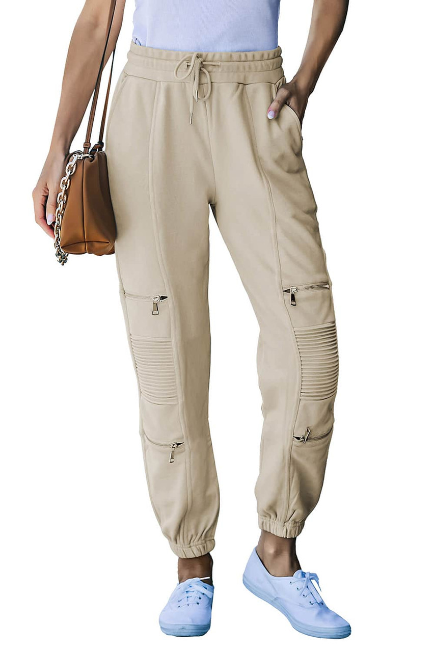 Beige Pleated Zipper Drawstring High Waist Joggers