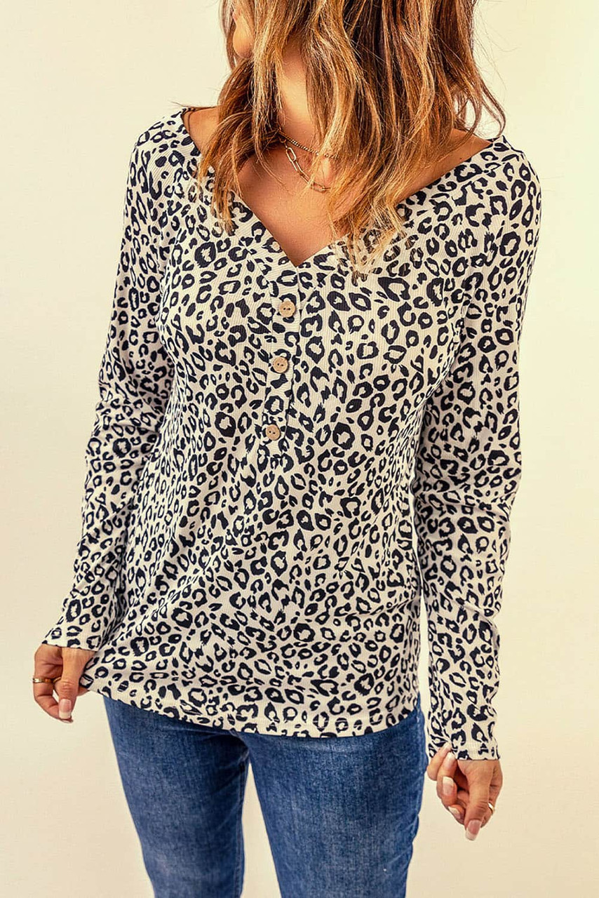 Leopard Leopard V Neck Long Sleeve Top