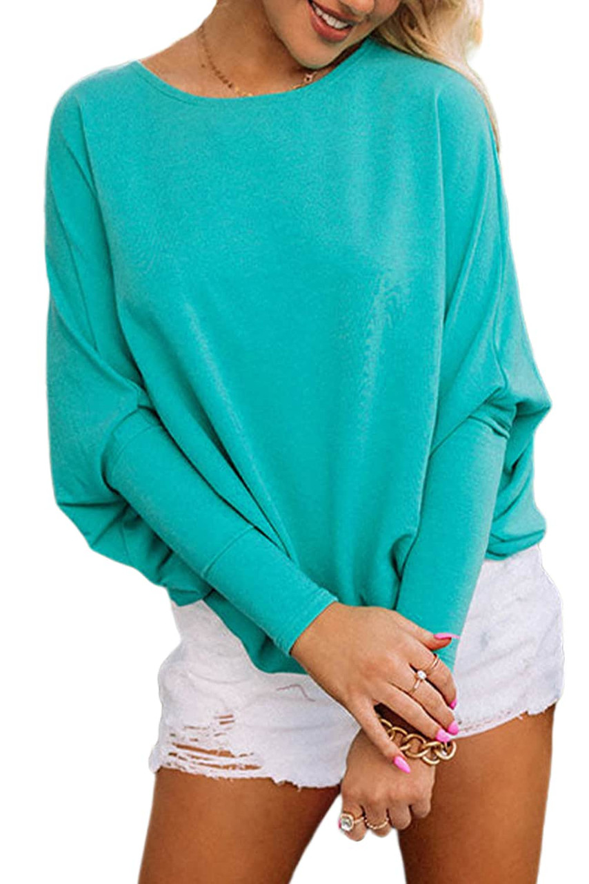 Green Batwing Sleeves Loose Knit Tunic Top