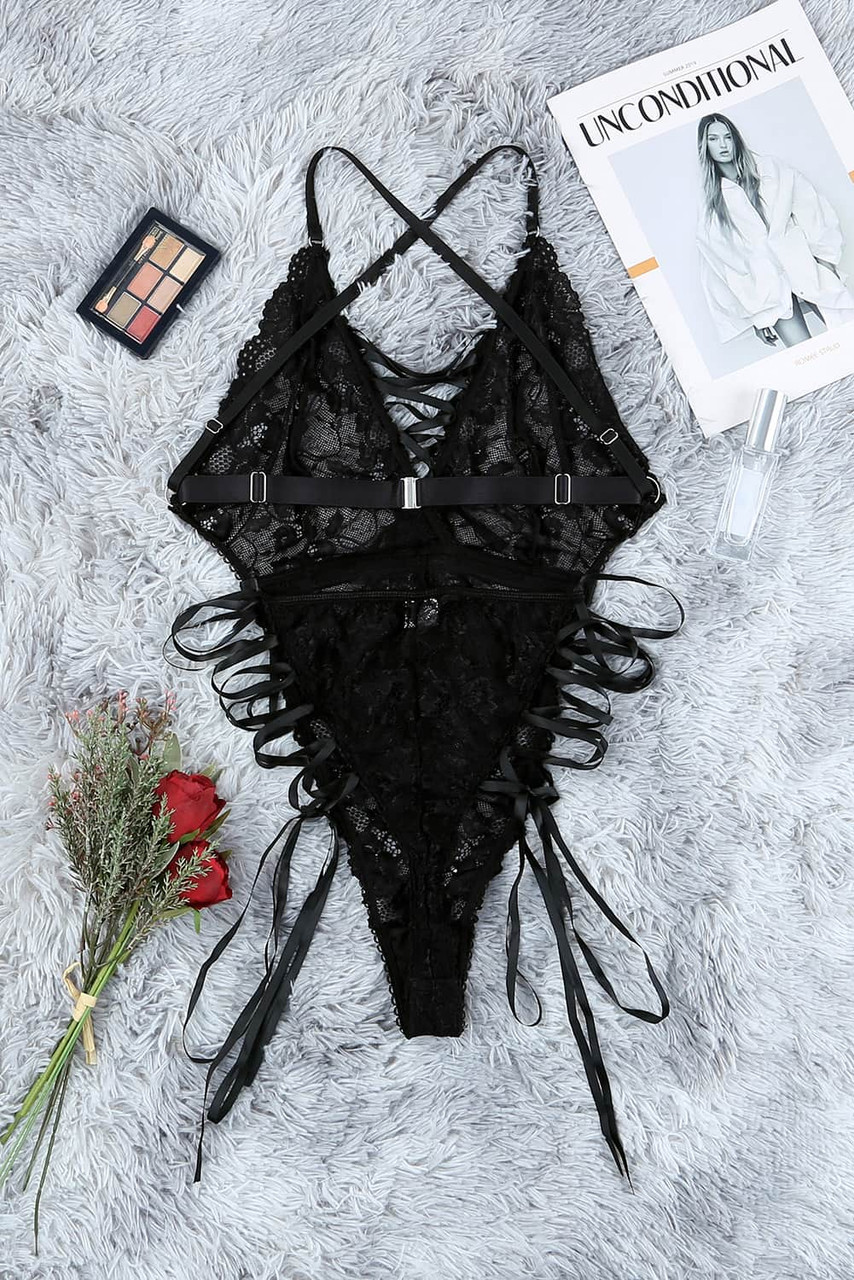 Black Criss Cross Strappy Snap Crotch Lace Teddy Lingerie