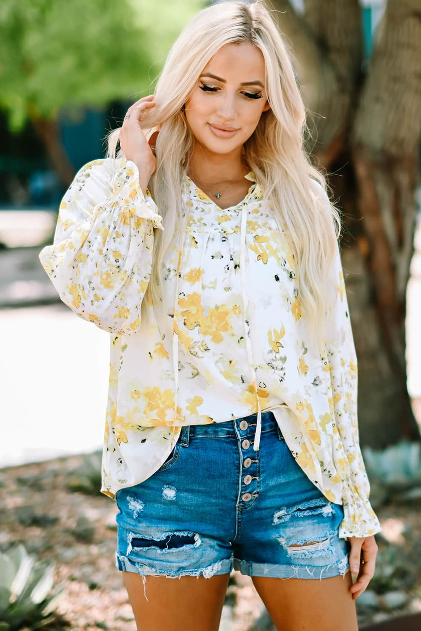 Yellow Floral Print Ruffled Puffy Sleeve Blouse