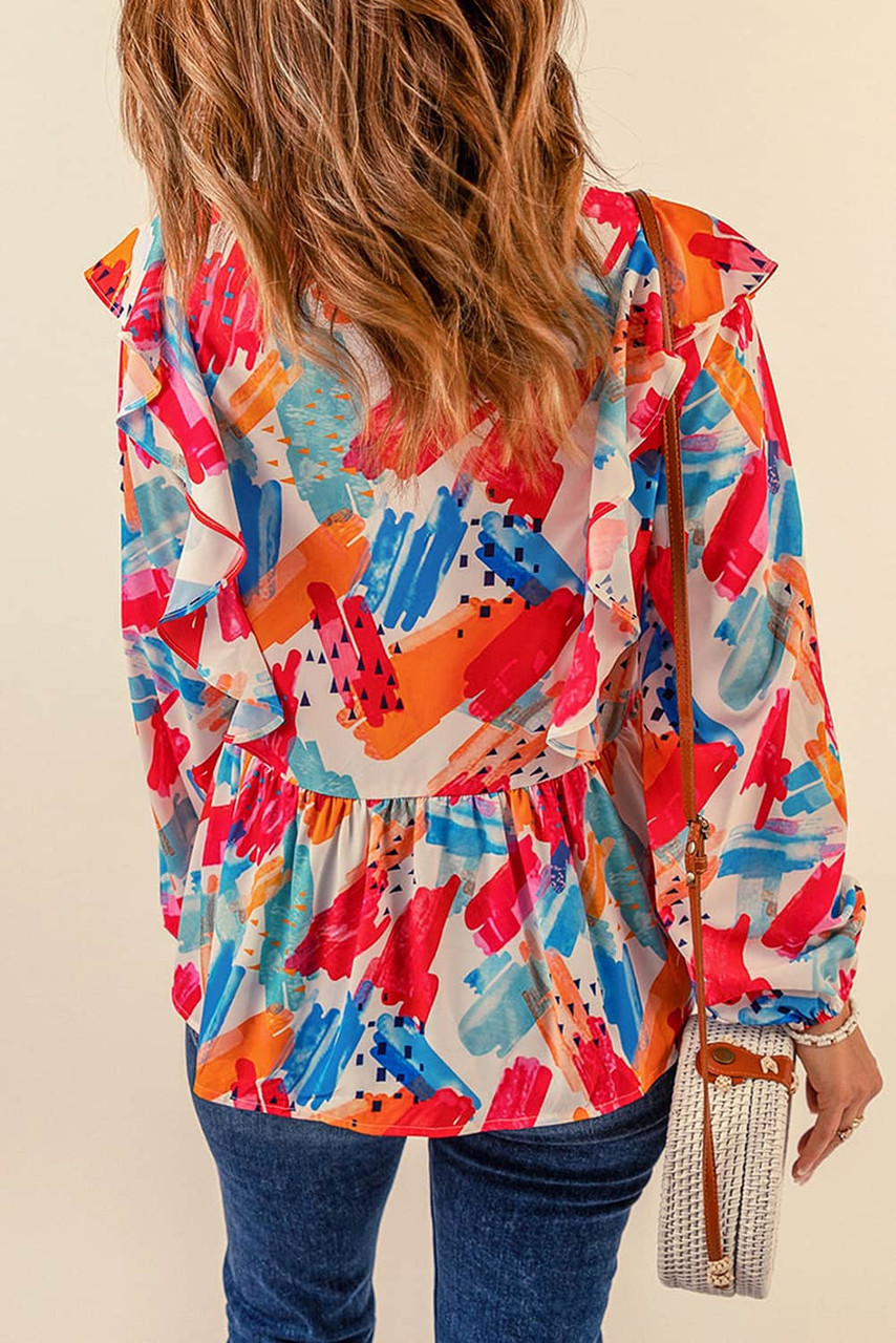 Multicolor Paint Print Ruffled Detail Loose Blouse