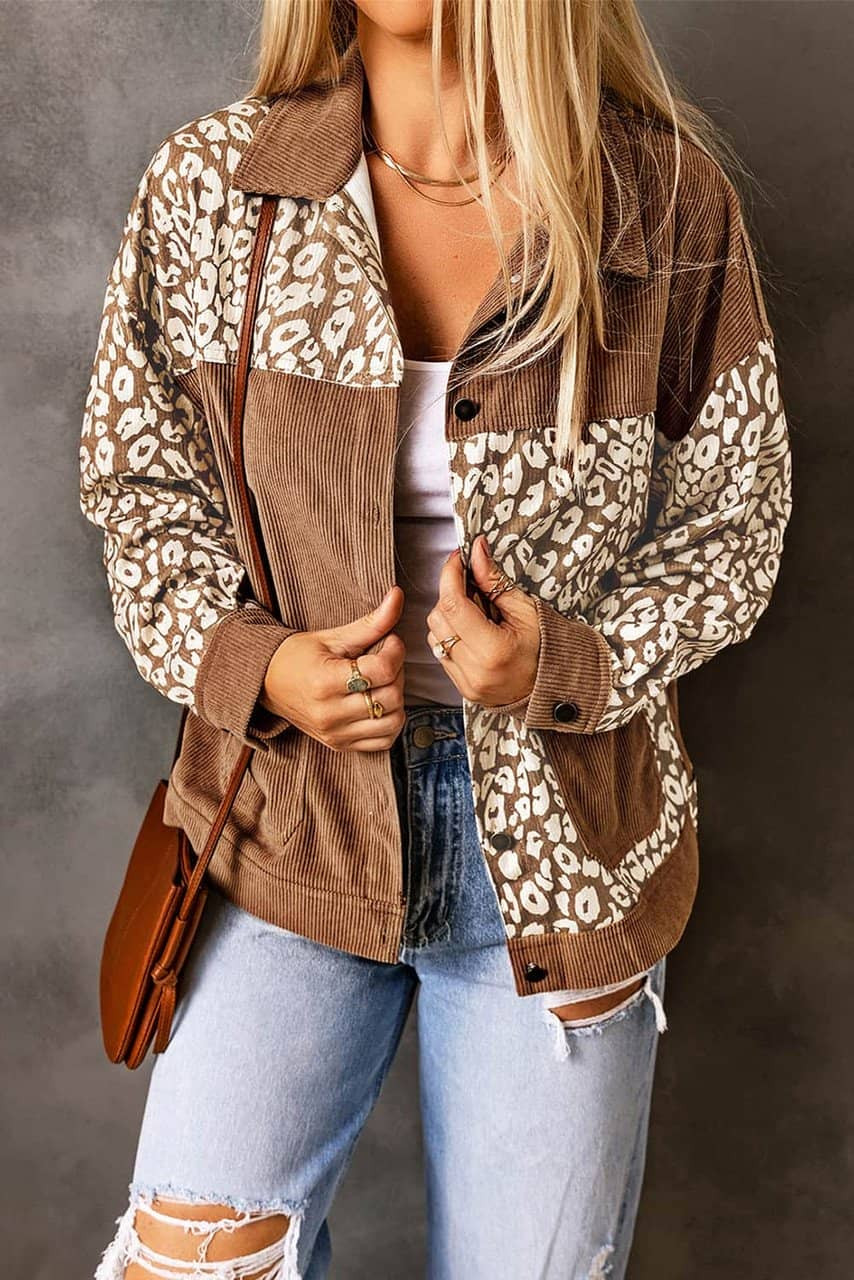 Brown Leopard Print Corduroy Long Sleeve Jacket Brown Leopard Print Corduroy Long Sleeve Jacket
