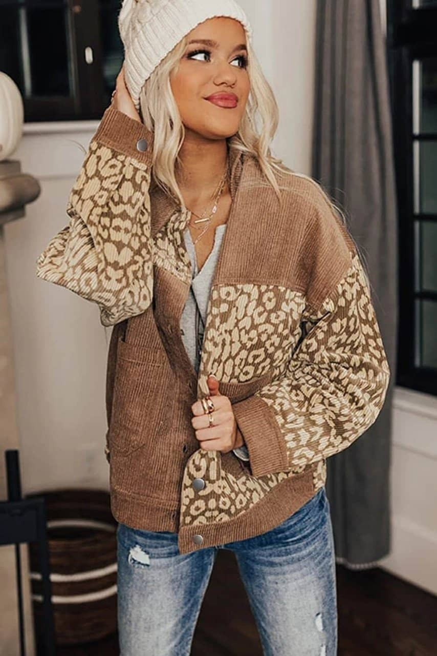 Brown Leopard Print Corduroy Long Sleeve Jacket Brown Leopard Print Corduroy Long Sleeve Jacket