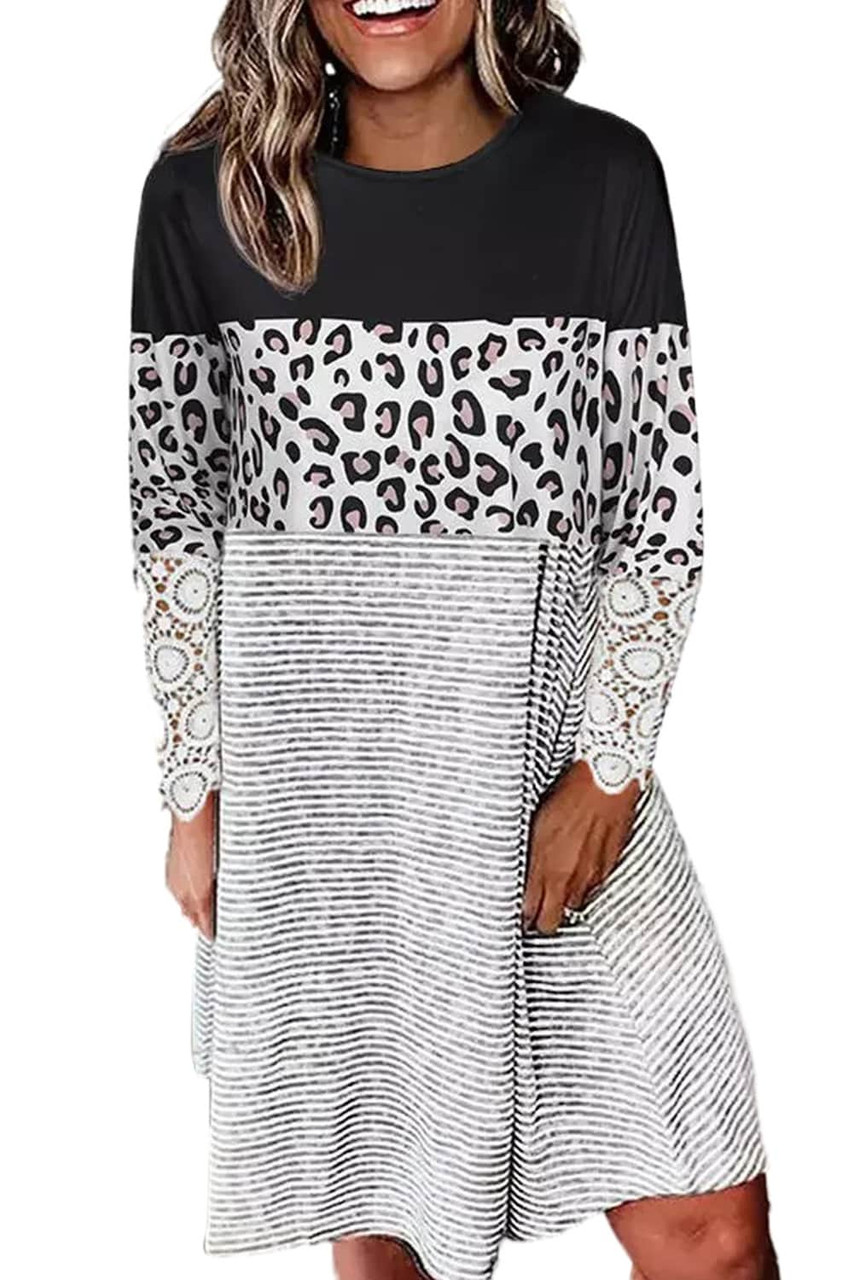 Black Striped Leopard Patchwork Lace T Shirt Dress