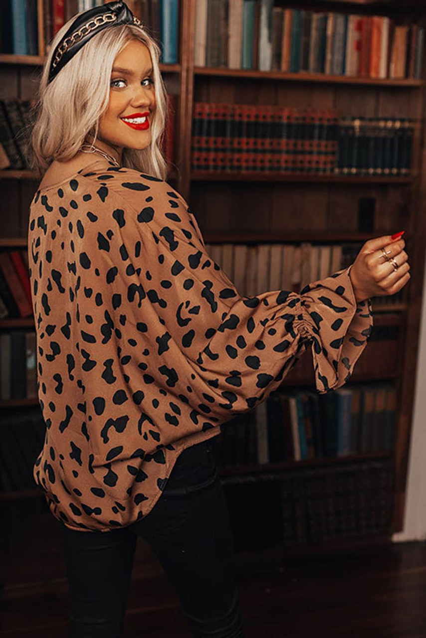 Leopard V Neck Ruffled Cuffs Loose Blouse