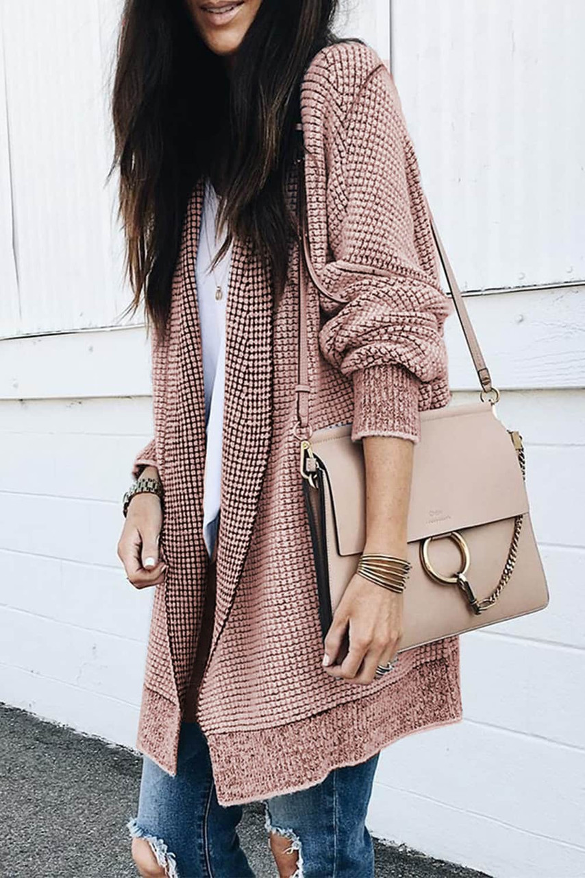 Pink Plaid Knitted Long Open Front Cardigan