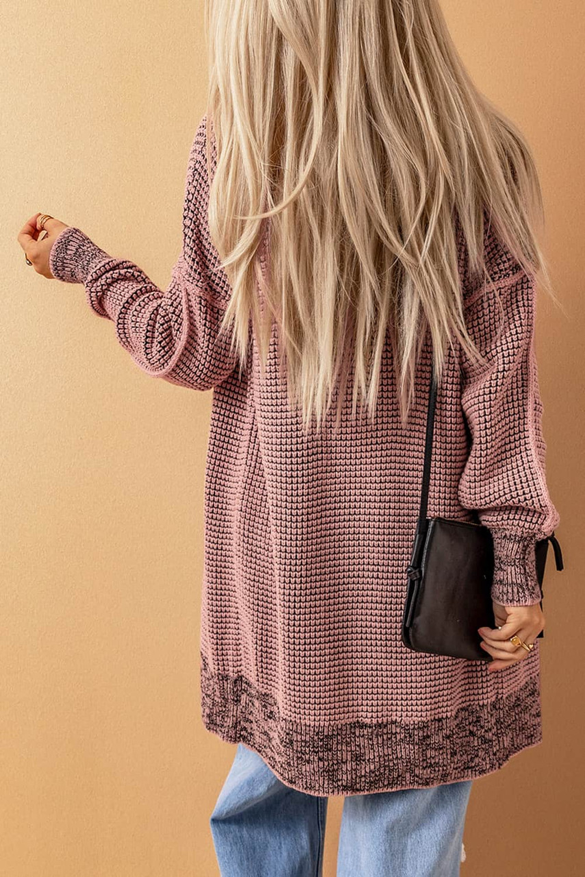 Pink Plaid Knitted Long Open Front Cardigan